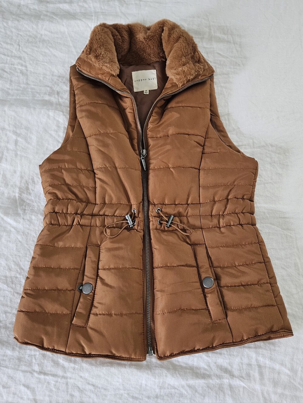 Copper Key Brown Quilted Puffer Vest Faux Fur Collar Cinch Waist Size Medium